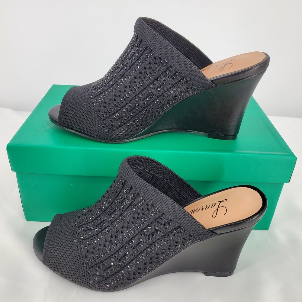 Lauren Lorraine Martha Black Rhinestone Knit Wedge Mule Peep Toe Sandals Women 6